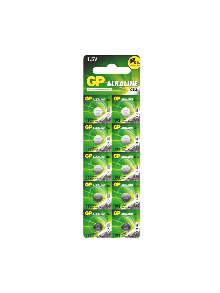Батарейка алкалиновая GP, LR41 (G3, V3GA, LR4, 192)-10BL, 1.5В, блистер, 10 шт.