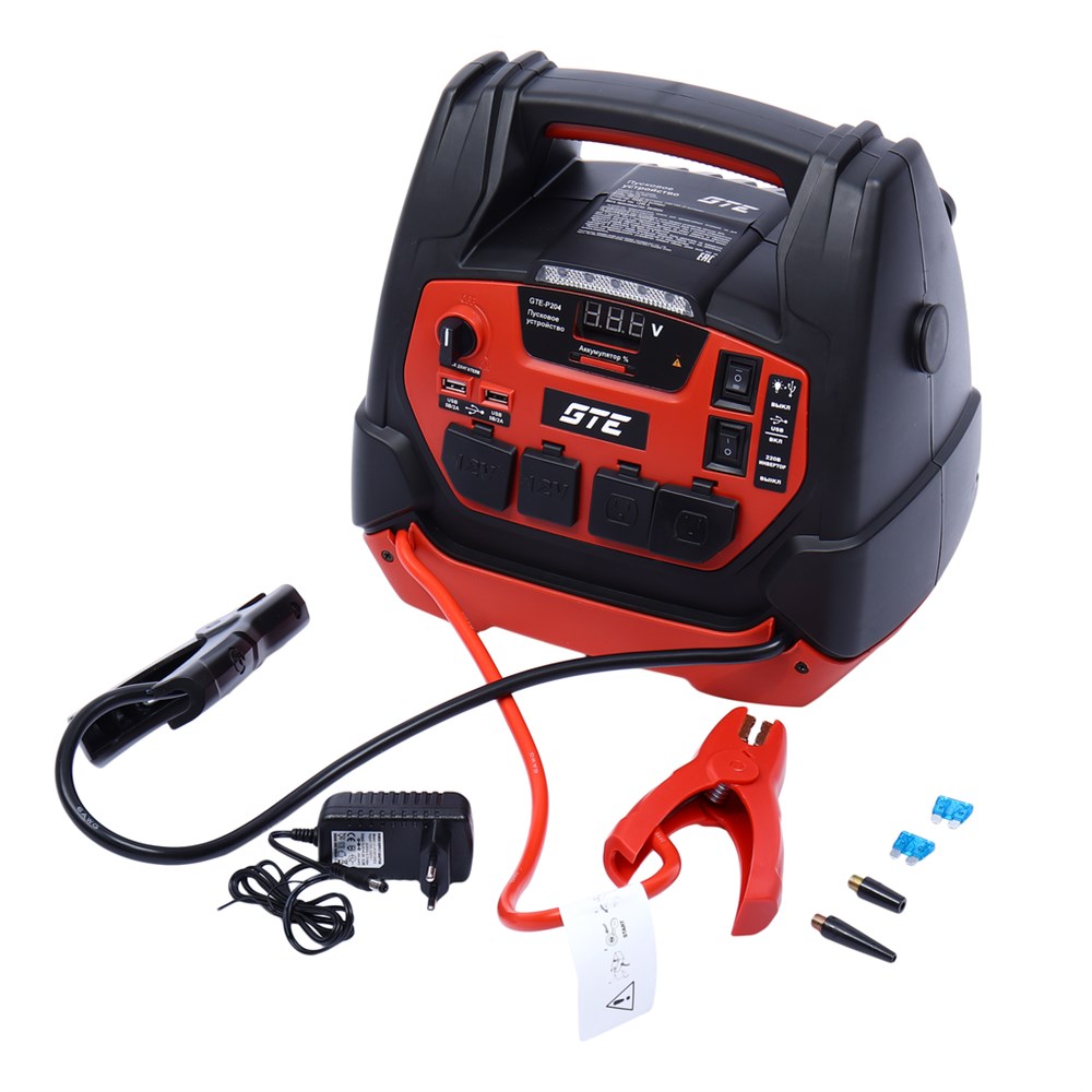 GTE-P204 - Устройство пусковое 12-15V 1250А 18000мА/ч (power bank) инвертор с компрессором GTE - 
Емкость: 18000 мАч
Вход: 15В/1А
Выход: 5В/2А (2 выхода), 12В/10А (2 выхода)
Инвертор: 400Вт (2 выхода)
Пусковой ток: 1250А


Особенности:

Встроенн