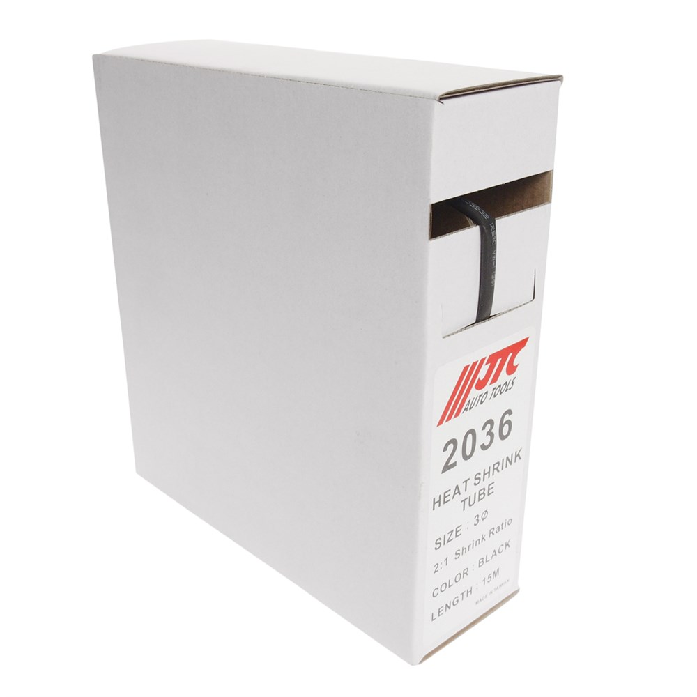 JTC-2036 - Трубка термоусадочная d=3мм 15м (мини-бокс) JTC -  
Диаметр: 3 мм.  
Длина: 15 м. 
Диаметр до усадки: 3,5&amp;plusmn;0,3 мм. 
После усадки: 1,5 мм. 
Габаритные размеры: 185/175/60 мм. (Д/Ш/В)  
Вес: 150 гр.