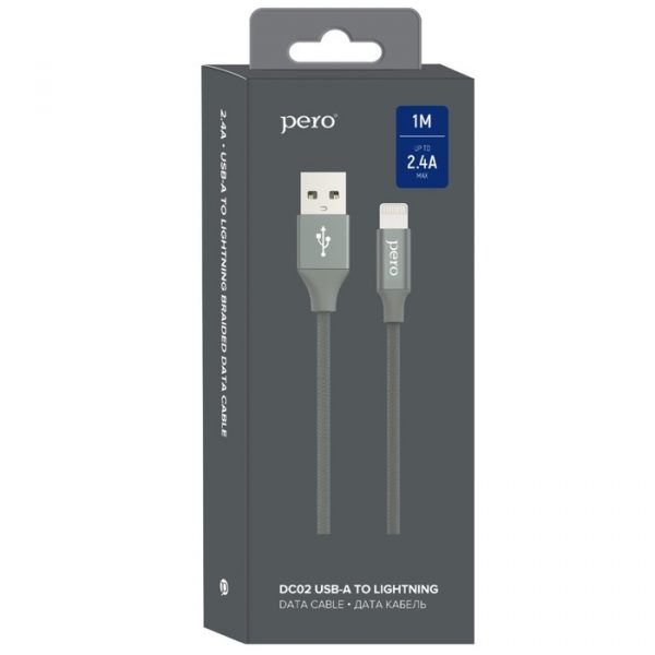 Кабель PERO DC-02, Lightning - USB, 2,4 А, 1 м, тканевая оплетка, серый — изображение 6