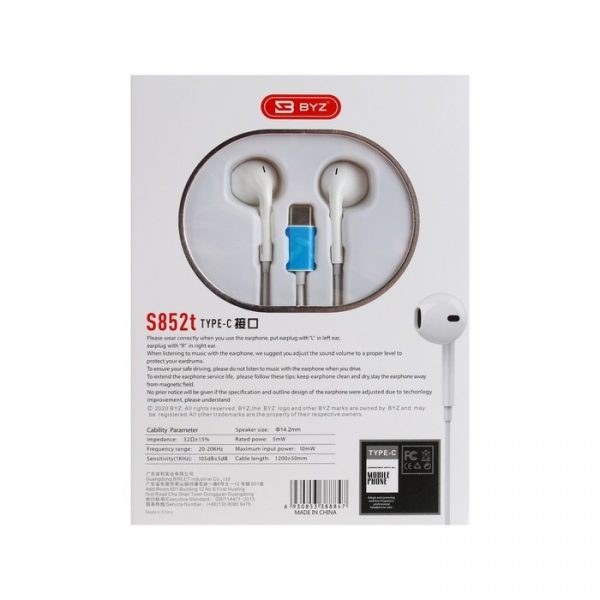 Наушники BYZ S852, проводные, вкладыши, Type-C, 1.25 м, белые — изображение 4