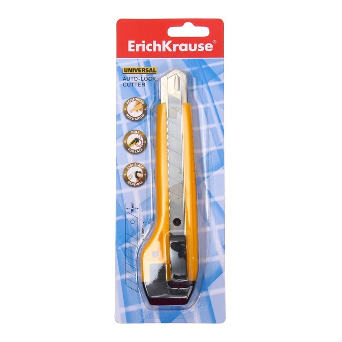 16857186_big Нож канцелярский 18 мм, Erich Krause Universal, с автоматической системой фиксации лезвия auto-lock и насадкой для безопасного отделения сегмента лезвия, металлические направляющие, 2 лезвия в наборе, блистер — изображение 2
