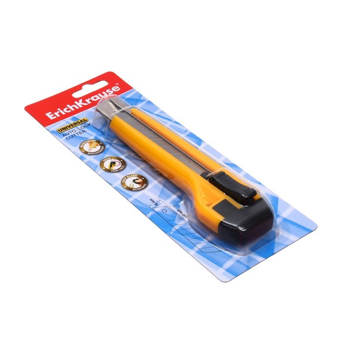 16857187_big Нож канцелярский 18 мм, Erich Krause Universal, с автоматической системой фиксации лезвия auto-lock и насадкой для безопасного отделения сегмента лезвия, металлические направляющие, 2 лезвия в наборе, блистер — изображение 3