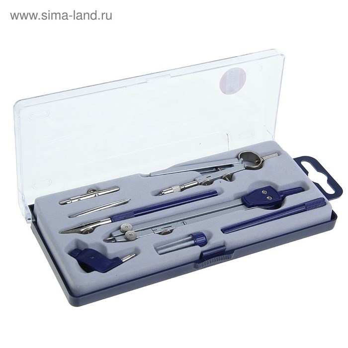 16857603_big Готовальня 8 предметов (2 циркуля 150 мм, 105 мм, 2 удлинителя, грифель, 2 рейсфедера, центрик, держатель для карандаша), в пластиковом пенале — изображение 2