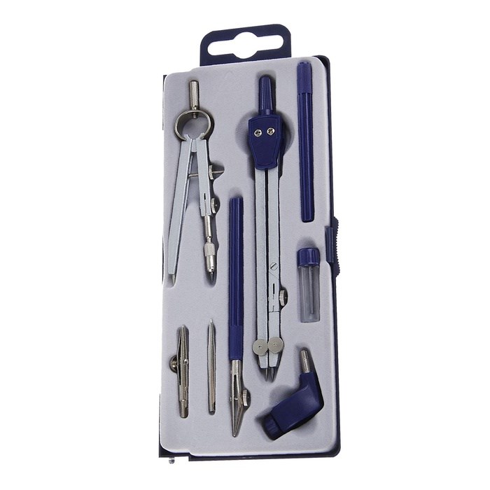 16857604_big Готовальня 8 предметов (2 циркуля 150 мм, 105 мм, 2 удлинителя, грифель, 2 рейсфедера, центрик, держатель для карандаша), в пластиковом пенале — изображение 3