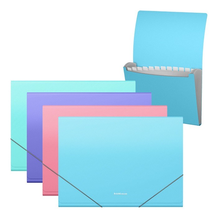 Папка-картотека, А4, 12 отделений, 600 мкм, ErichKrause &quot;Diagonal Pastel&quot;, на резинке, тиснение, микс