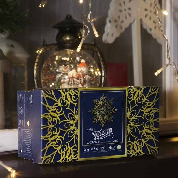 16953297_big Гирлянда «Бахрома» 3 × 0.6 м, IP44, УМС, прозрачная нить, 160 LED, свечение тёплое белое, 220 В — изображение 3