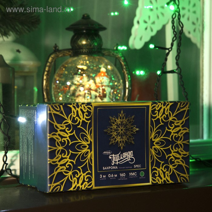 16957648_big Гирлянда «Бахрома» 3 × 0.6 м, IP44, УМС, тёмная нить, 160 LED, свечение зелёное, мерцание белым, 220 В — изображение 4
