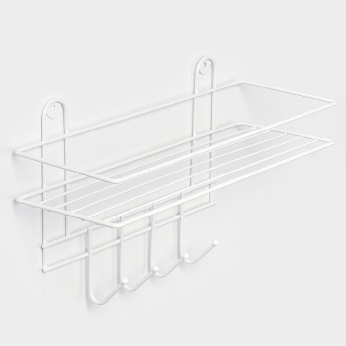 Полка для ванной прямая, 4 крючка, 33×12,5×21 см, цвет белый