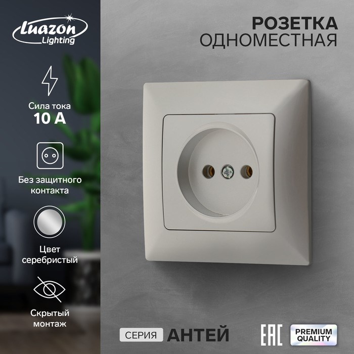 Розетка одноместная Luazon Lighting &quot;Антей&quot;, 10 А, скрытая, без з/к, серебристая