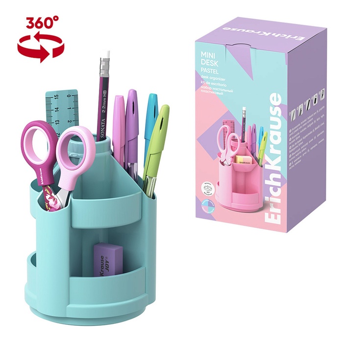 Набор настольный на вращающейся подставке 5 предметов, ErichKrause Mini Desk, Pastel Mint, пластиковый, мятный