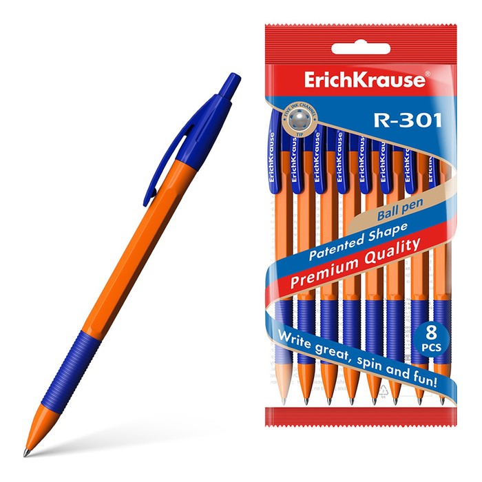 Набор ручек шариковых автоматических, 8 штук, ErichKrause R-301 Orange Matic&amp;Grip, резиновый упор, узел 0.7 мм, цвет чернил синий