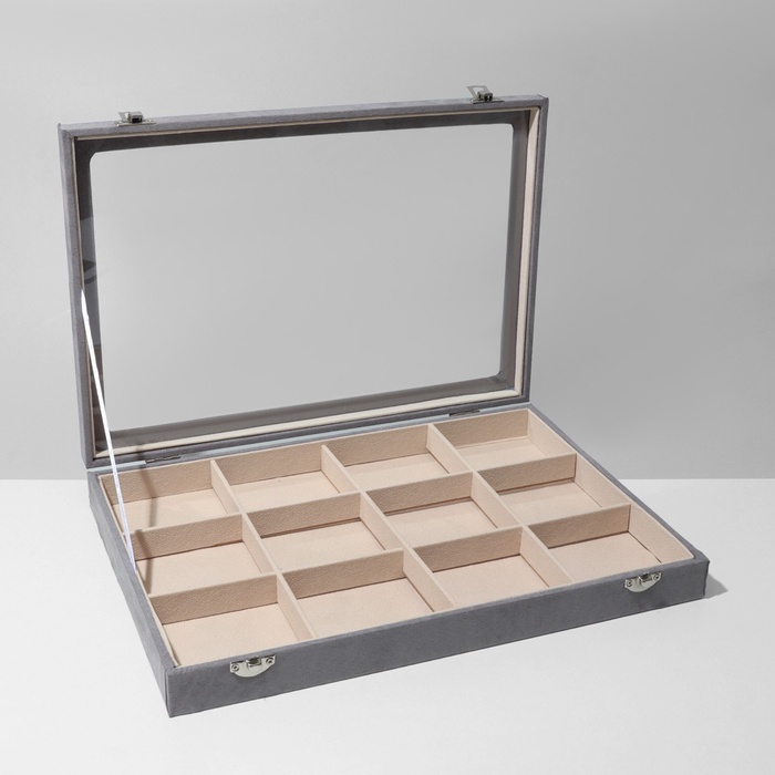 700-nw Подставка для украшений «Шкатулка» 12 ячеек, флок, 35×24×4,5, стеклянная крышка, цвет серо-бежевый — изображение 4