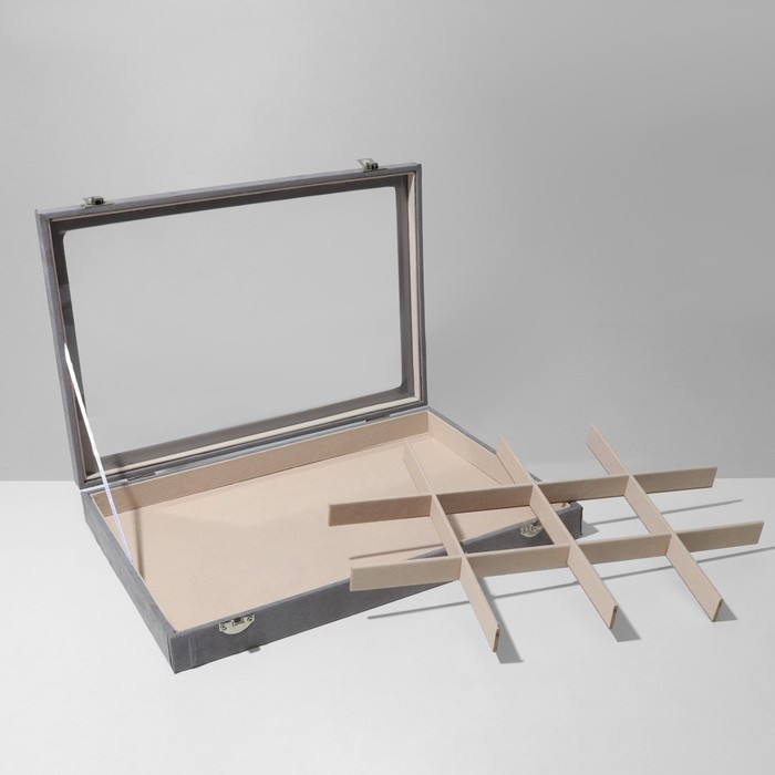 700-nw Подставка для украшений «Шкатулка» 12 ячеек, флок, 35×24×4,5, стеклянная крышка, цвет серо-бежевый — изображение 5