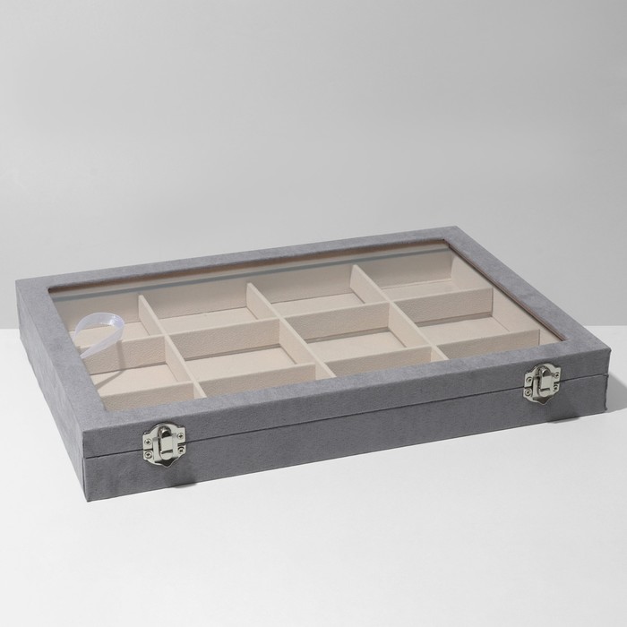 700-nw Подставка для украшений «Шкатулка» 12 ячеек, флок, 35×24×4,5, стеклянная крышка, цвет серо-бежевый — изображение 6