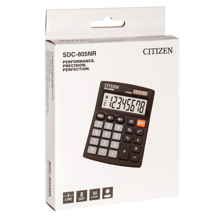 700-nw Калькулятор настольный Citizen "SDC-805NR", 8-разрядный, 105 х 120 х 21 мм, двойное питание, компактный, чёрный — изображение 4