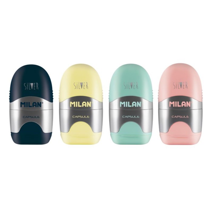 Точилка Milan Capsule Silver, 1 отверстие с контейнером, с ластиком, МИКС