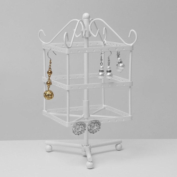 700-nw Подставка для украшений «Вертушка», 3 яруса, 48 пар, металл, 11×11×28 см, цвет белый — изображение 2