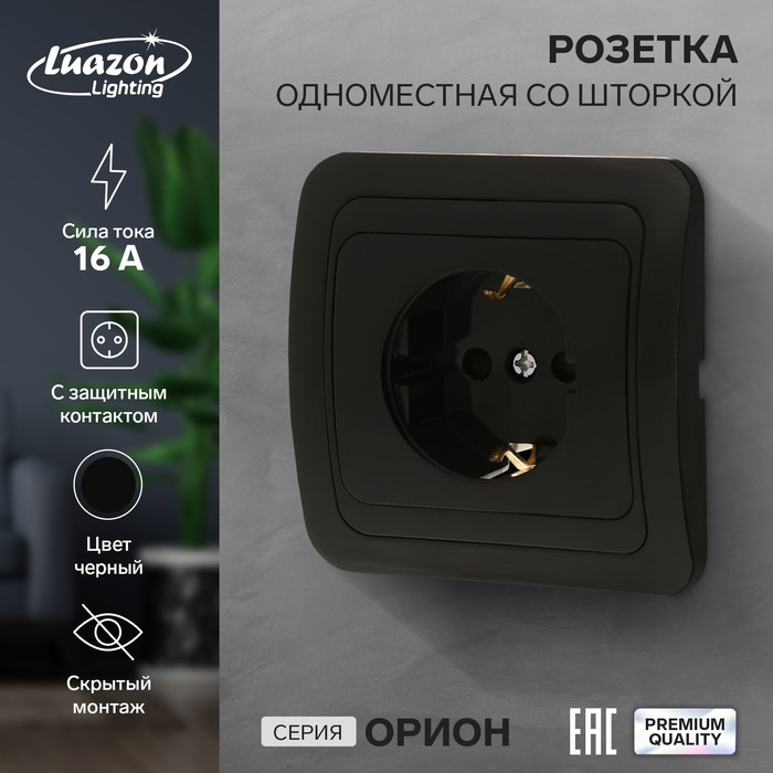 Розетка одноместная со шторкой Luazon Lighting &quot;Орион&quot;, 16 А, скрытая, с з/к, черная