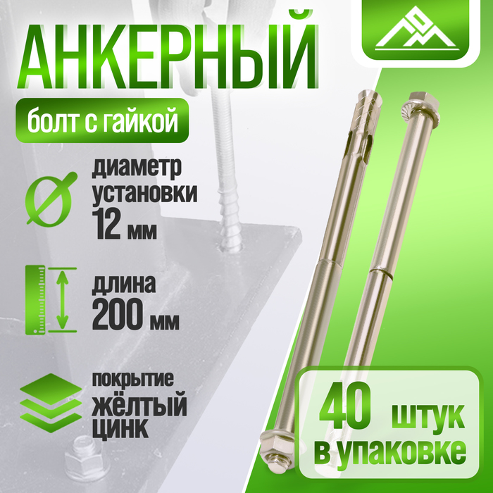 Анкерный болт, с гайкой, оцинкованный, 12х200 мм, 40 шт