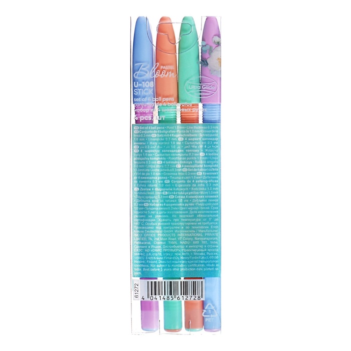 Набор ручек шариковых 4 шт, ErichKrause, U-108 Stick &quot;Pastel Bloom&quot; узел 1.0 мм цвет синяя