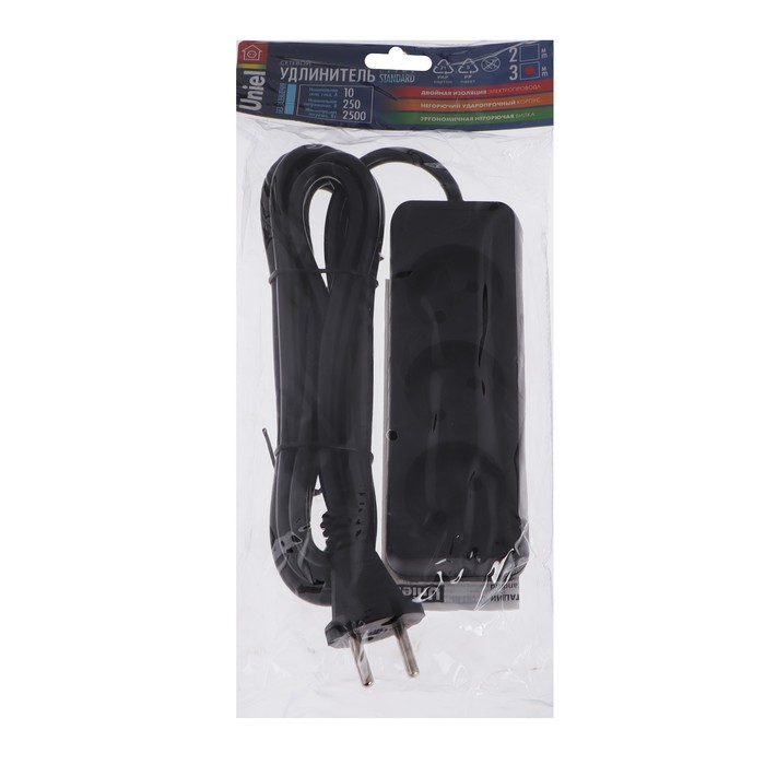 700-nw Удлинитель Uniel Standart, 3 розетки, 3 м, 10 А, 2500 Вт, без з/к, черный — изображение 5