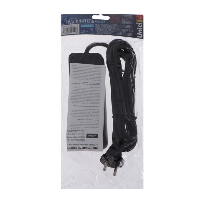 700-nw Удлинитель Uniel Standart, 3 розетки, 3 м, 10 А, 2500 Вт, без з/к, черный — изображение 6