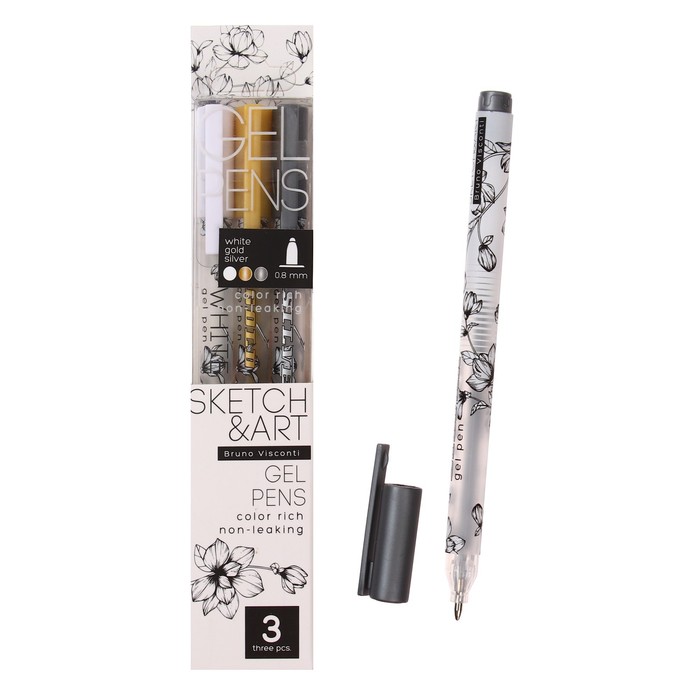Набор гелевых ручек 3 цвета SKETCH&amp;ART Uni Write.GOLD/SILVER/WHITE, 0,8 мм, золотой, серебряный, белый
