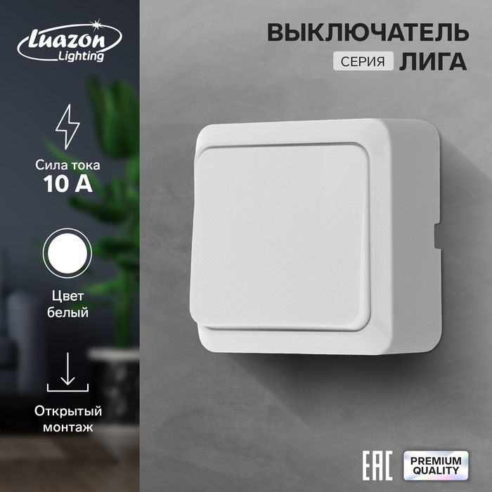 Выключатель Luazon Lighting &quot;Лига&quot;, 10 А, 1 клавиша, накладной, белый