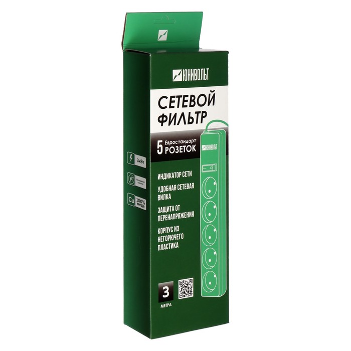 700-nw Сетевой фильтр Юнивольт, 5 гнезд, 3 м, 15 А, 3000 Вт, с з/к, белый — изображение 5