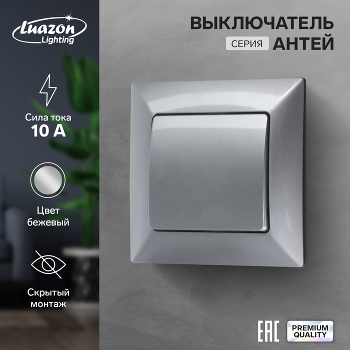 Выключатель Luazon Lighting &quot;Антей&quot;, 10 А, 1 клавиша, скрытый, серебристый