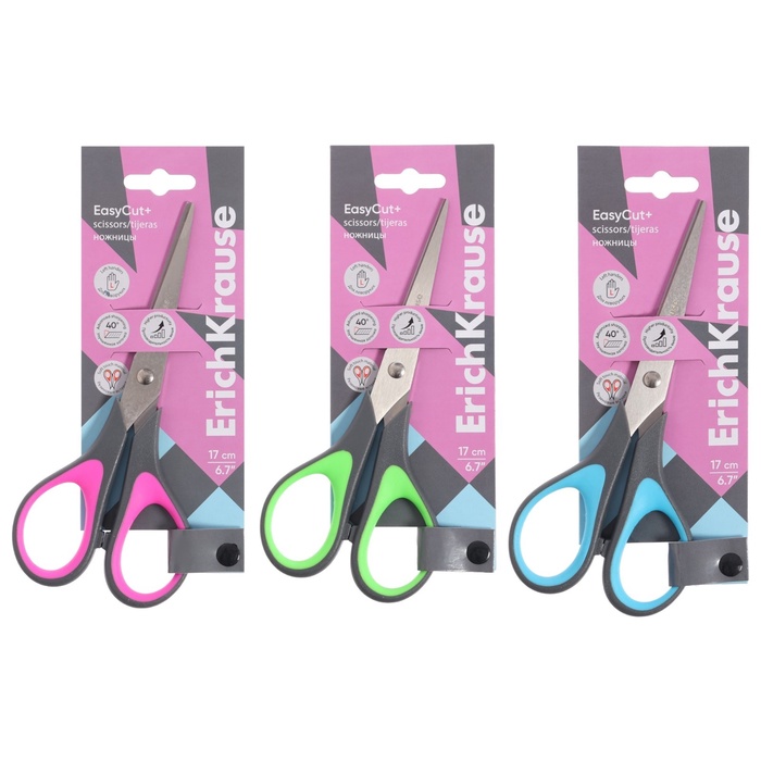 Ножницы 17 см ErichKrause EasyCut+, для левшей, противоскользящие вставки, блистер, микс