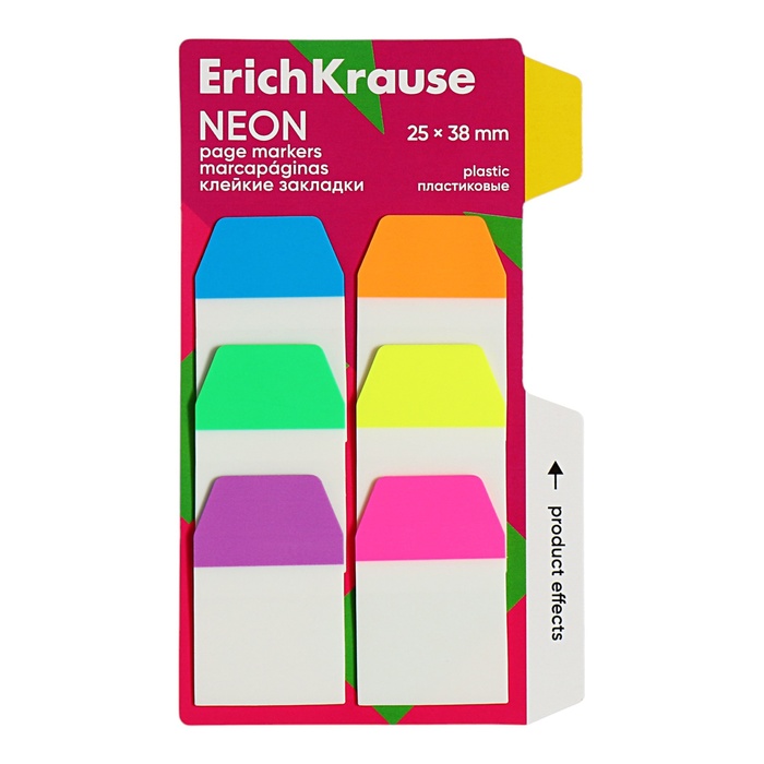 Закладки с клеевым краем пластиковые 25X38 мм, ErichKrause &quot;Neon&quot;, 60 листов 6 цветов