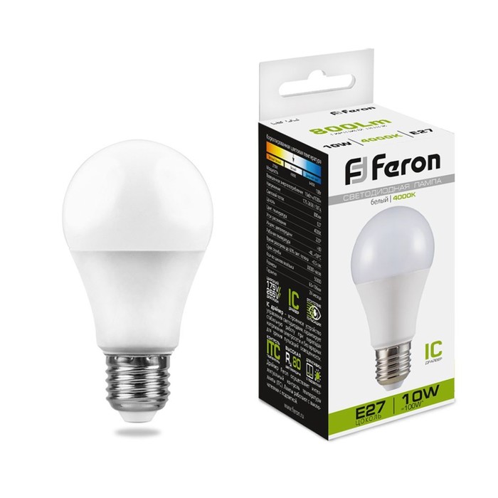 Лампа светодиодная FERON, &quot;Шар&quot;, Е27, 10 Вт, 230 В, 4000 К