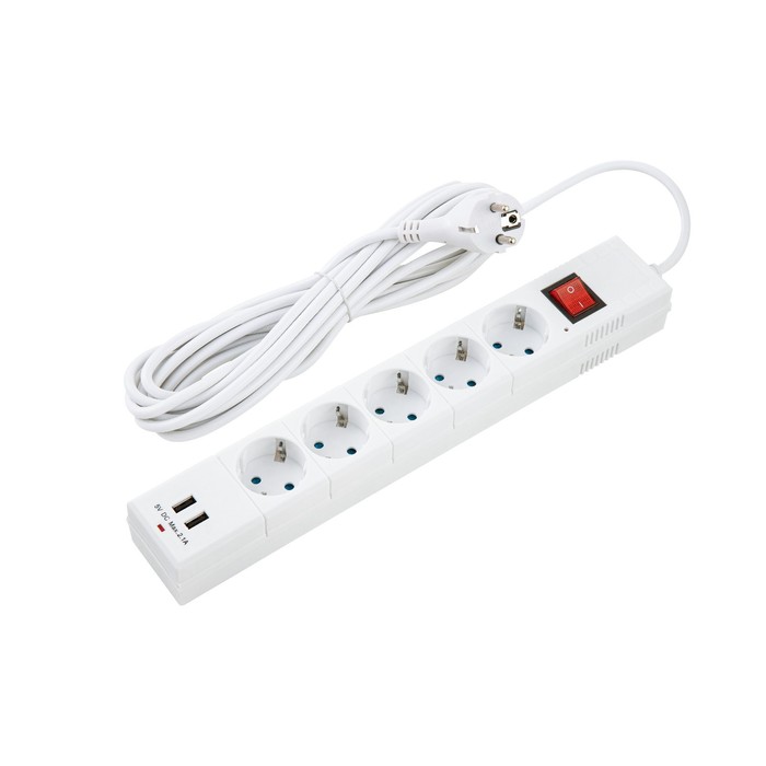 700-nw Сетевой фильтр duwi, 5 розеток, 5 м, 10 А, ПВС 3х0.75 мм2, с з/к, 2 USB, со шторками, белый — изображение 2