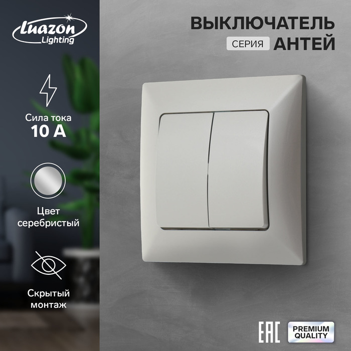Выключатель Luazon Lighting &quot;Антей&quot;, 10 А, 2 клавиши, скрытый, серебристый