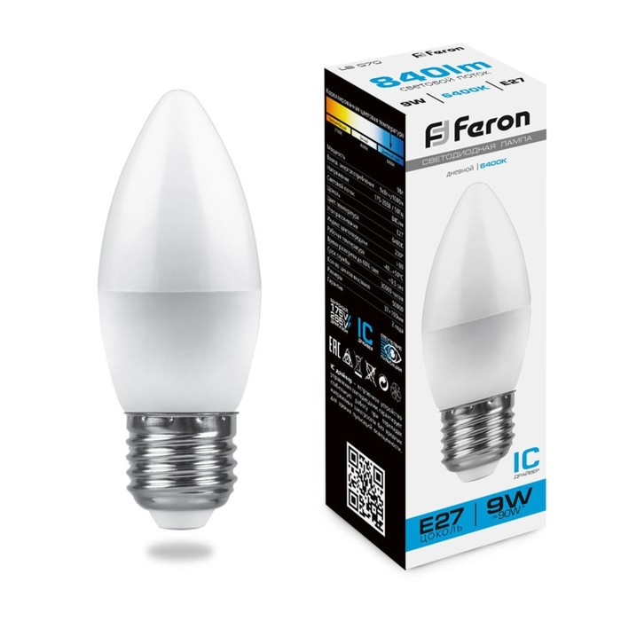 Лампа светодиодная FERON, &quot;Свеча&quot;, Е27, 9 Вт, 230 В, 6400 К