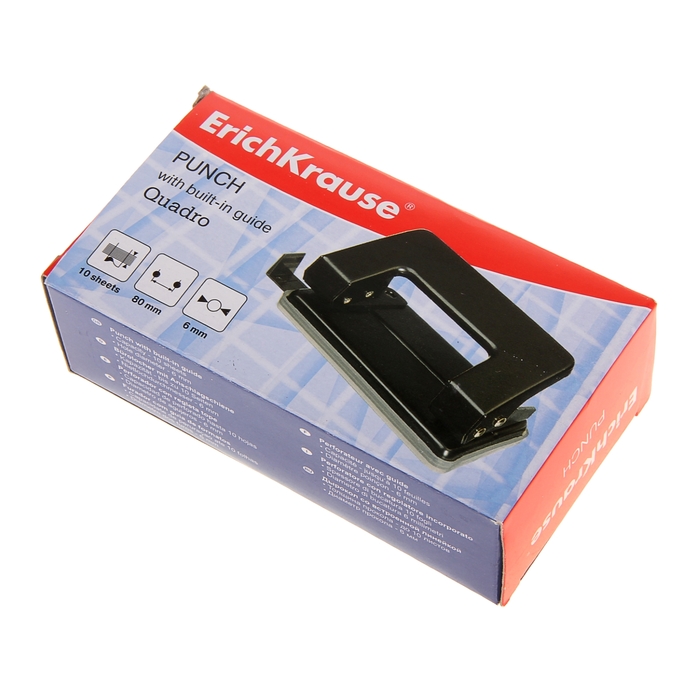 700-nw Дырокол ErichKrause Quadro, до 10 листов, диаметр прокола 6 мм, расстояние между проколами 80 мм, чёрный — изображение 2