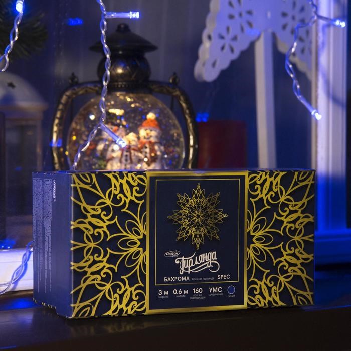 16951616_big Гирлянда «Бахрома» 3 × 0.6 м, IP44, УМС, прозрачная нить, 160 LED, свечение синее, 220 В — изображение 3