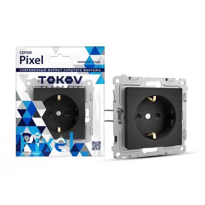 Розетка TOKOV ELECTRIC, Pixel, одноместная, 16А, IP20, с з/к, карбон, TKE-PX-R1Z-C14