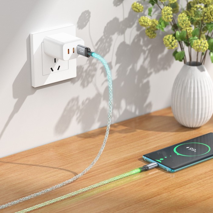 9603906-5 Кабель Hoco U112, Type-C, 3 A, 1 м, светящийся, cерый — изображение 6