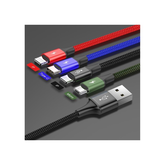 9629308-7 Кабель Baseus, 4 в 1, microUSB/2 Lightning/Type-C, 3.5 A, 1.2  м, чёрный — изображение 8