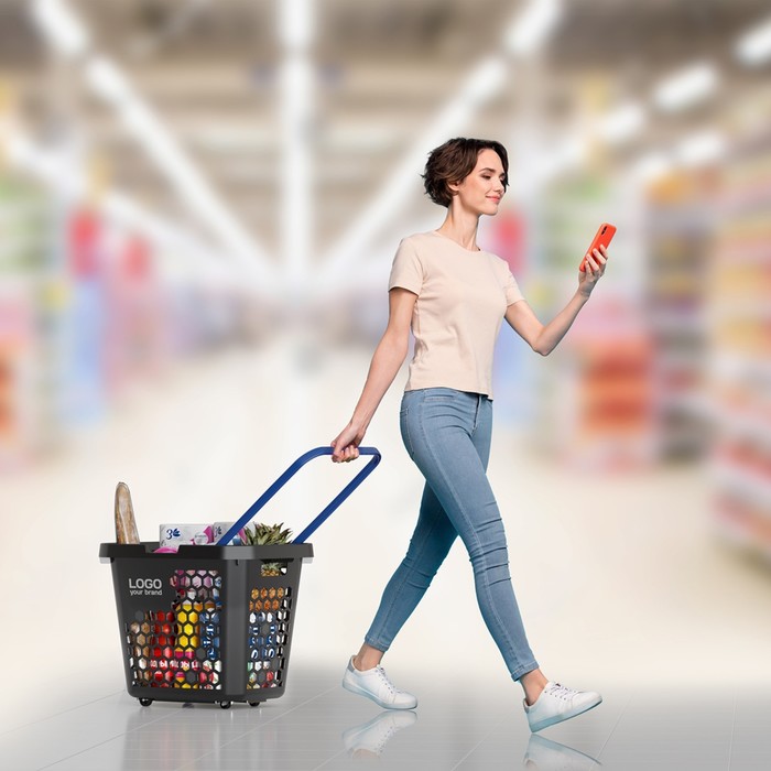 9687837-3 Корзина-тележка пластиковая 80 л, с 1 пластиковой ручкой, цвет чёрный, ручка синяя — изображение 4