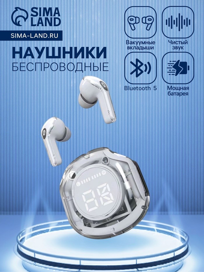 Наушники беспроводные Air39, TWS, вкладыши, BT 5.0, 45/200 мАч, дисплей, прозрачные, белые