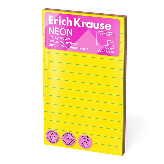Блок с липким краем бумажный 75х125 мм ErichKrause &quot;Neon&quot;, 100 листов микс
