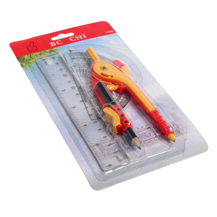 cirkul-plastikovyj-145-mm-s-karandashom-linejkoj-15-sm-transportirom-miks-673960-3 Циркуль пластиковый 145 мм с карандашом, линейкой 15 см, транспортиром, МИКС — изображение 4