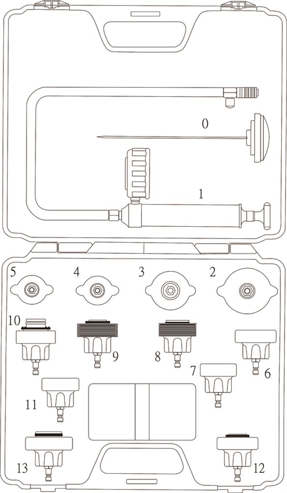 jtc-1005-3 JTC-1005 - Набор инструментов для тестирования герметичности системы охлаждения 14 предметов в кейсе JTC - Комплектация
Термометр.
Ручной насос.
Поверочная крышка №2. Применение: GM (Cadillac).
Поверочная крышка №3. Применение: Mercedes-Benz, GM (Bu — изображение 4