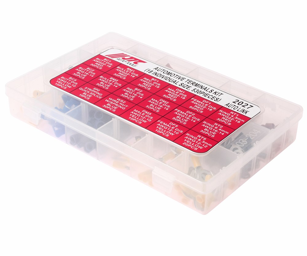 jtc-2027-2 JTC-2027 - Набор клемм автомобильных изолированных 18 типоразмеров 530шт. в боксе JTC - Клемма электропроводки изолированная 18 типоразмеров набор 530шт. JTC
Описание
В комплекте:
	
		Штекерные плоские: AWG22-18 красных - 30 шт.; AWG16-14 синий - — изображение 3