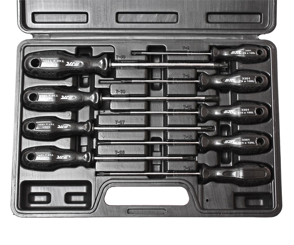 jtc-3301-1 JTC-3301 - Набор отверток TORX T8х100мм-T40х150мм 9 предметов JTC - 
  Инструменты изготовлены из хром-молибденовой стали, все стержни закаленные, с намагниченными наконечниками.
  Предназначен для работы с винтами типа TORX.
Материал ручки: полипропил — изображение 2