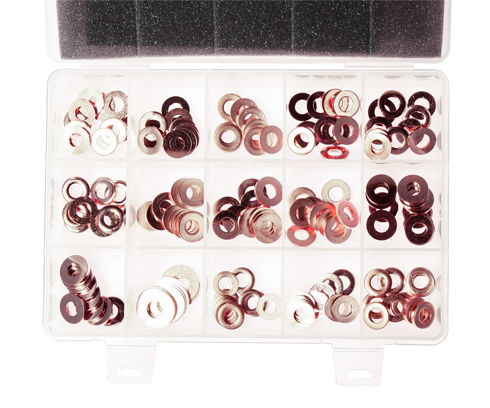 jtc-4061-1 JTC-4061 - Шайба медная под форсунки (в боксе) 150шт. JTC - Описание
	Универсальные медные шайбы 15-ти различных диаметров подходят для любых форсунок инжекторной системы.
	Размеры: 13.85x7.3x1.4 - 10 шт.; 14.6x7.5x1.3 - 10 шт.; 14.6x7.5x3 - 10 шт.; 1 — изображение 2